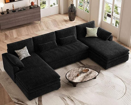 Belffin Large Modular Sectional Sofa with Double Deep Chaise, 135" Corduroy U Shaped Sectional Couch with 9" Soft Dual-Layer 6 Seats U Shaped Couch for Living Room, Apartment, Black