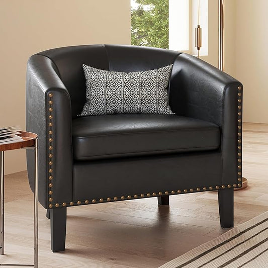 BELLEZE Accent Barrel Chair, Modern Faux Leather Tub Club Chair Upholstered Armchair with Gold Nail Head Trim and Black Legs for Living Room Bedroom Apartment Lounge - Dark Brown