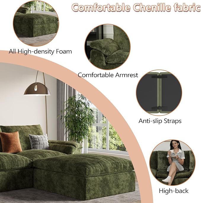 EASE MOOSE Oversized Sectional Cloud Couch, 9-Seat Modular Boneless Sofa Set with Deep Seat, No-Assembly Chenille Sofa for Living Room, Green