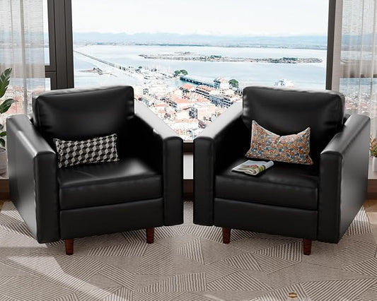 ABCASA Faux Leather Oversized Accent Chair with Storage Deep Seat Single Sofa Large Reading Armchair for Living Room Bedroom Office Black Set of 2