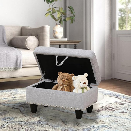 Linen Fabric Storage Ottoman with Nailhead Trim, 28.5"X19.5"X17.5" Footrest Stool, Hidden Storage Foot Stool for Living Room, Bedroom Furniture, Light Gray