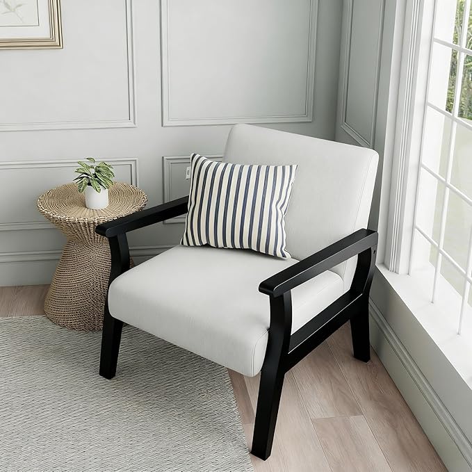 HNY Mid Century Armchair with Black Wood Frames, Linen Upholstered Living Room Arm Chair, for Living Room, Bedroom, Ivory