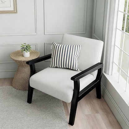 HNY Mid Century Armchair with Black Wood Frames, Linen Upholstered Living Room Arm Chair, for Living Room, Bedroom, Ivory