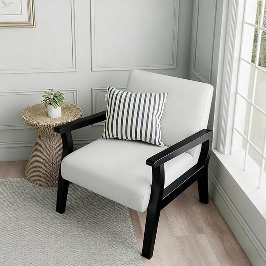 HNY Mid Century Armchair with Black Wood Frames, Linen Upholstered Living Room Arm Chair, for Living Room, Bedroom, Ivory