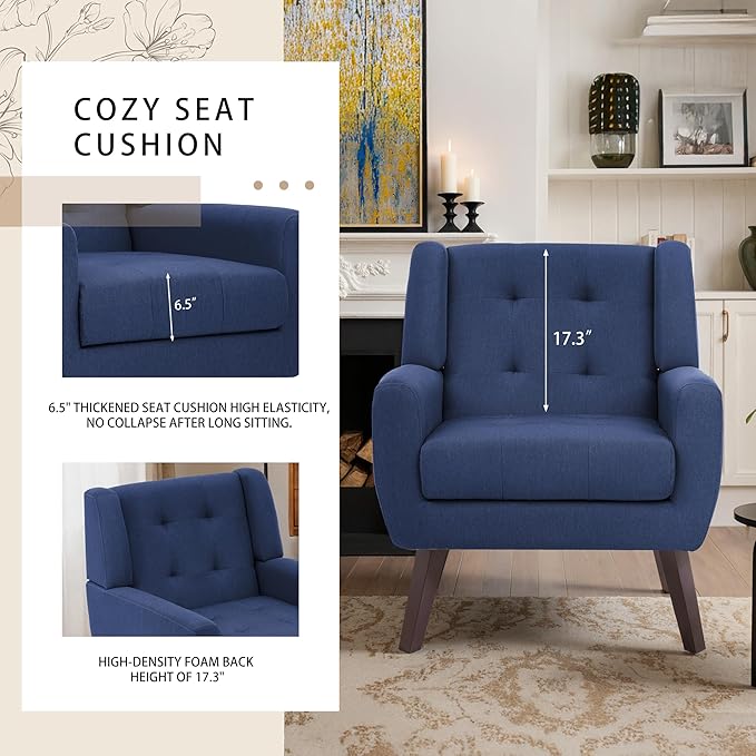 Accent Chairs Set of 4, Mid-Century Modern Upholstered Armchair, Comfy Fabric Living Room Chairs Reading Chairs with Button Tufted Back & Solid Wood Legs for Bedroom, Office, Blue