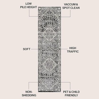 JONATHAN Y Vintage Medallion Indoor Runner Rug Black 2X8, Modern Boho for Living Room, Bedroom, Kitchen, Office, Easy-Cleaning, High Traffic, Pet-Friendly, Non-Shedding MDP100D-28