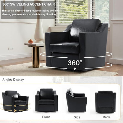UIXE Faux Leather Swivel Accent Chair, Upholstered Arm Chair for Living Room, Modern Club Armchair Comfy Single Sofa Bedroom Reading Seat with Lumbar Pillow - Black