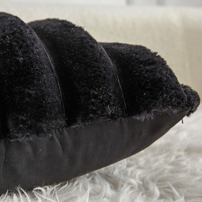 Neelvin Black Faux Fur Cozy Soft Striped Decorative Throw Pillow Covers 12x20 inch Set of 2,Velvet Pillowcase Cushion Case for Sofa Couch