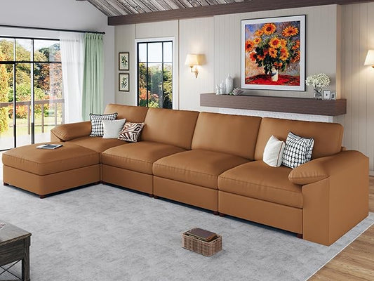 EASE MOOSE Oversized Modular Sectional Sofa,Modern Deep Seat Faux Leather Sectional,Extra Large L Shaped Couch,Comfy Scratch Resistant Material,Brown
