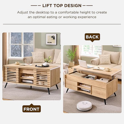 RedLemon 48" Lift top Coffee Table, mid Century Modern Coffee Table with Slatted Sliding Door, Hidden Storage Compartment, 4 Storage Shelves, Center Table for Living Room, Office, Natural Oak