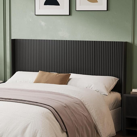 64.6" Wide Wooden Queen Headboard Only, Wingback Boho Headboards, Simple Setup, Modern Farmhouse Headboards with Vertical Grain Design, Wood Headboard Queen Size, Ink Black