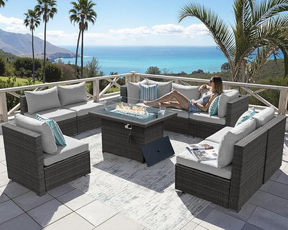 NICESOUL 29.3'' High Back Outdoor Patio Furniture Set with Firepit Natural Gas & Propane, 9 Piece Extra Large Conversation Set with Fire Pit Table, Modern Deep Wide Modular Wicker Sofa Couches, Gray