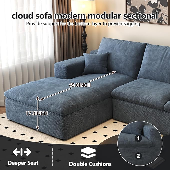 136.6'' U-Shaped Modern Modular Sectional Cloud Couch Whit Ottoman, 4-Seat Chenille Deep-Seat Sofa with Pillow for Living Room, Bedroom, Apartment, Ocean Blue