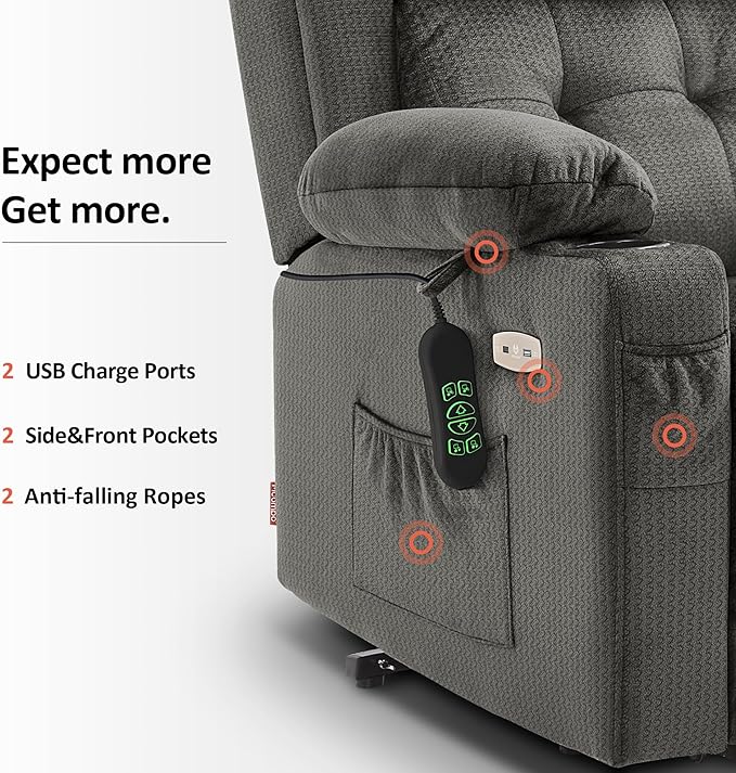 MCombo Medium Triple Motor Power Lift Recliner Chair with Massage and Heat for Elderly People, Adjustable Headrest, Infinite Position, USB Ports, Fabric 7661 (Grey, Medium)