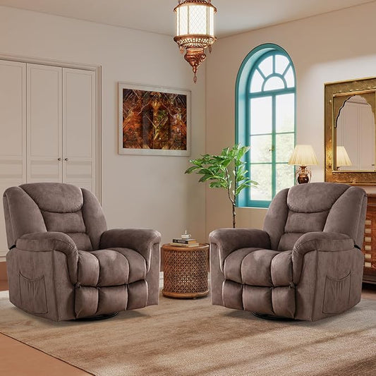 ANJ 2PCS Oversized Rocker Recliner Chairs Set, Manual 360° Swivel Recliners, Comfy Glider Rocking Chairs for Big Man, Extra Wide Overstuffed Reclining Chairs with Side Pocket for Living Room, Camel