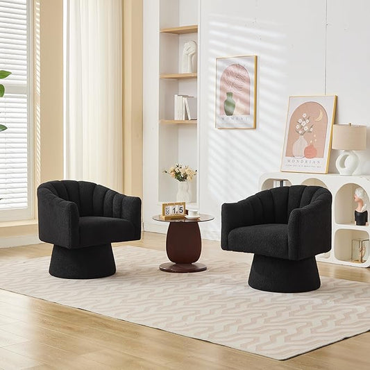 Swivel Accent Chair Set of 2, Upholstered Teddy 360° Swivel Barrel Chair for Living Room Overstuffed Bouncle Reading Chair Round Armchair for Bedroom,Vanity,Office-Black