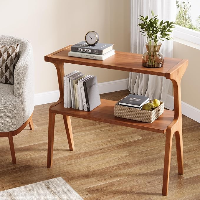 Tribesigns Set of 2 Wood Side Table, 2-Tier Tall Slim End Table with Storage Shelves, Modern Couch Side Table for Living Room, Narrow Bedside Table, Nightstands for Bedroom, Cherry