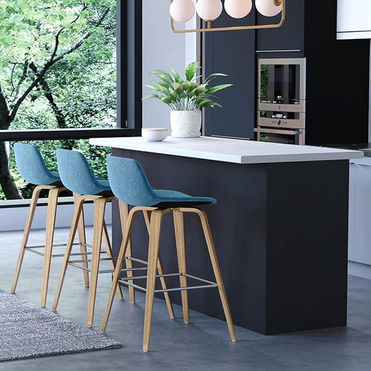 SIMPLIHOME Randolph Counter Stools (Set of 2) - 28 Inch Seat Height Upholstered Bentwood Kitchen Seats in Medium Blue Polyester Linen, Mid Century Modern Seating with Curved Backrest and Footrest