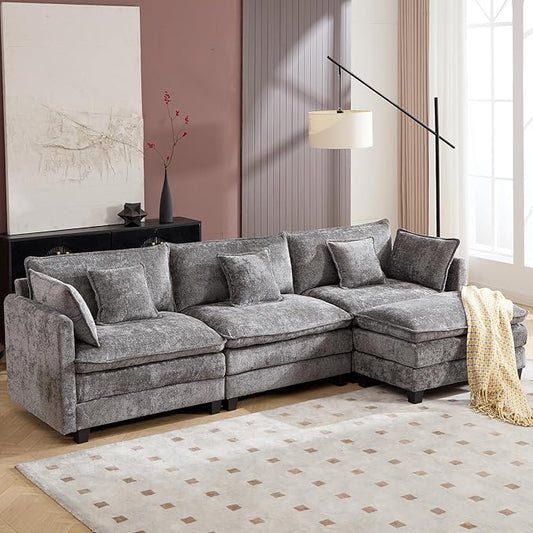 Plush Modular Cloud Sofa Set with Ottoman | L/U-Shaped Deep Seating Chenille Sectional for Family Living Room