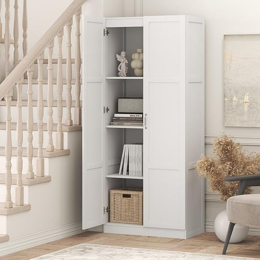 Furinno Robin Storage Cabinet, 4-Tier Pantry Cabinet with Adjustable Shelves, 30W with 2 Shaker-Doors, Kitchen Cabinet, Organization and Storage, for Pantry, Living Room, Home Office, White