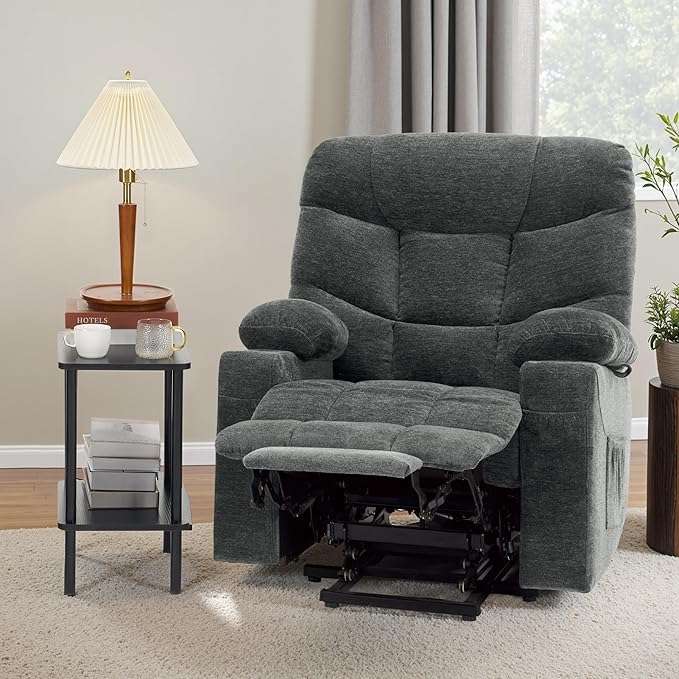 MCombo Oversized Power Lift Recliner Chair with Extended Footrest for Elderly People, Fabric R7289 (Dark Gray, Medium-Oversize)