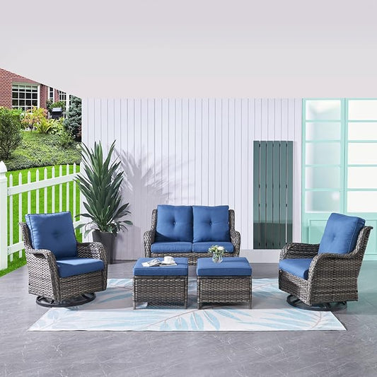 HUMMUH 5 Pieces Outdoor Furniture Patio Furniture Set Wicker Swivel Patio Chairs with 2 Seater Outdoor Sectional Sofa/Patio Loveseat with Ottomans