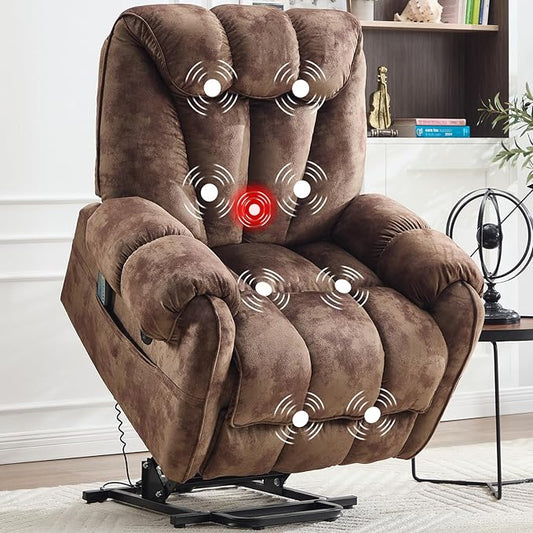 CANMOV Power Lift Recliner Chair for Elderly with Massage & Heat, Overstuffed Recliner Chairs for Adults, Electric Recliners with Type-C & USB Port, Side Pockets, for Living Room, Brown
