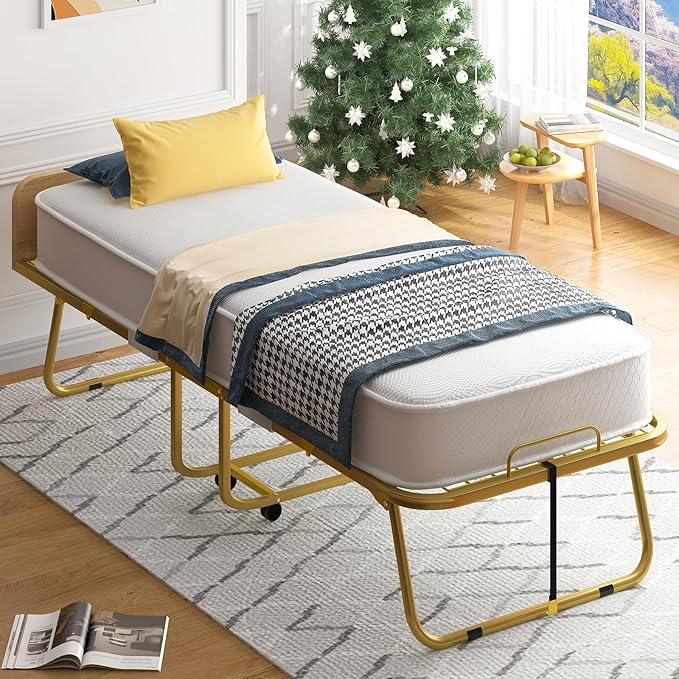 Mjkone Folding Bed with 5" Memory Foam Mattress & Upgraded 75x31 Frame Single Portable Guest Bed, Space-Saving Design, Lockable Wheels for Easy Moving, Quick Assembly & Compact Storage