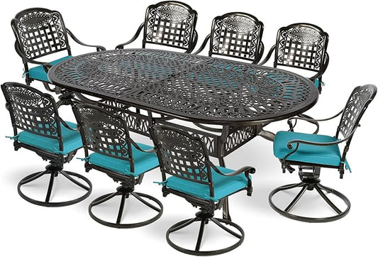 MEETWARM 9-Piece Outdoor Patio Dining Set, All-Weather Cast Aluminum Patio Conversation Set with 8 Cushioned Swivel Rocker Chairs for Backyard Garden Deck, 1 Oval Table, 2" Umbrella Hole, Ocean Blue