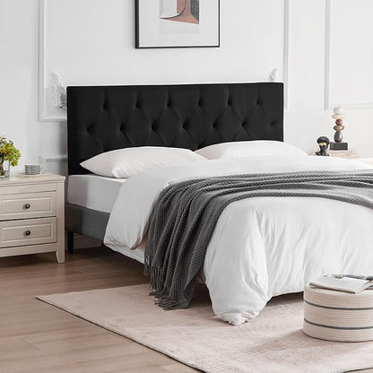 Linen Upholstered Headboard King Size, Modern Diamond Tufting Solid Wood California King Headboard Only, Adjustable Height from 37” to 51” Head Board, Bed Frame or Wall Mount Headboards, Black
