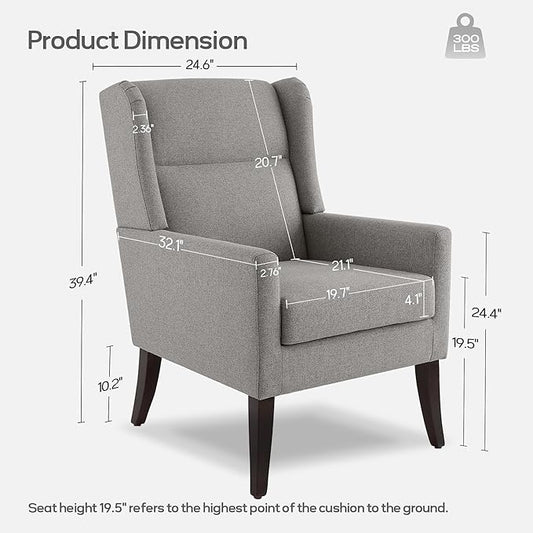 High Back Living Room Chairs, Fabric Accent Chair, Comfy Upholstered Armchair with Wooden Legs for Living Room, Bedroom, Apartment (1, Grey)