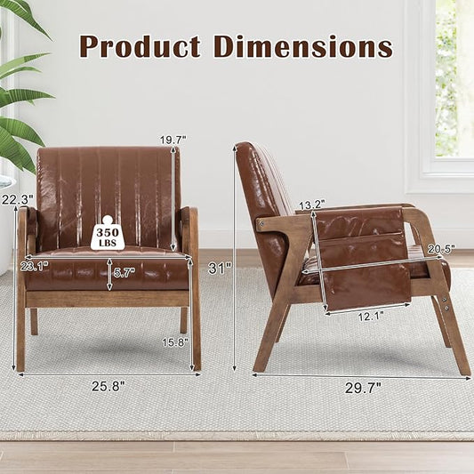 EROMMY Mid Century Modern Leather Accent Chair with Wood Frame, Faux Leather Accent Armchair with Storage Bag,Faux Pu Living Room Accent Chair for Reading, Bedroom,Reddish Brown