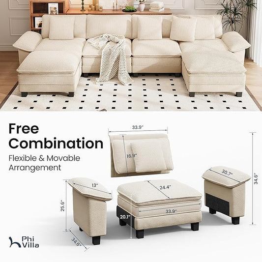 PHI VILLA Cloud Modular Couch Sets, 157.5" Sectional Sofa with U-Shaped Chaise Ottoman, 6-Seater Couches with Upholstered Deep Seat for Living Room, Chenille Corduroy Dual Fabric, Beige