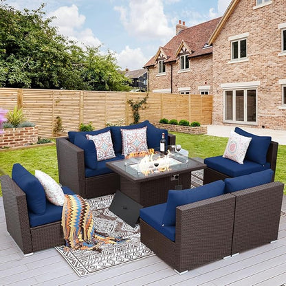 NICESOUL 7 Piece Large Size Patio Sectional Furniture Set with Firepit Propane/Natural Gas, 29.3'' High Back Outdoor Sofa Conversation Couch, Tall Wide Deep Sitting, Brown Rattan and Navy Cushion