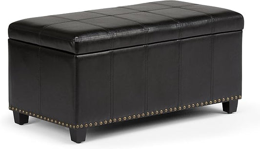 SIMPLIHOME Amelia 33 inch Wide Transitional Rectangle Storage Ottoman Bench in Midnight Black Vegan Faux Leather, Assembled, For the Living Room, Entryway and Family Room