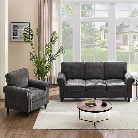 Kingfun 3 Seater Couch with Chair, Mid Century Modern Sofa Set with Rolled Arms and Deep Seats, Fluffy Comfort for Living Room, Apartment, Easy Assembly, Grey