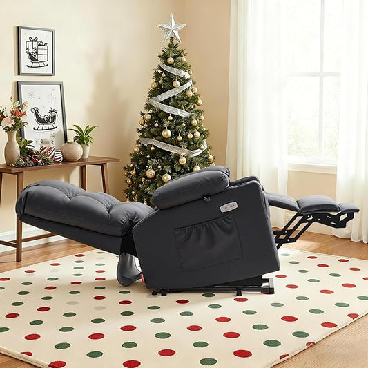 MCombo Large Dual Motor Power Lift Recliner Chair for Elderly, Massage and Heat, Lay Flat, Zero Gravity, Home Button, USB Port, Faux Leather 7680 (Black, Large)