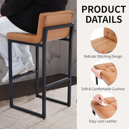 Bar Stools Set of 3, Upholstered PU Leather Counter Height Barstools with Low Back and Thickened Metal Legs, Modern Island Chairs for Kitchen Island (Caramel Brown, 3Pcs 26" Bar Stools)