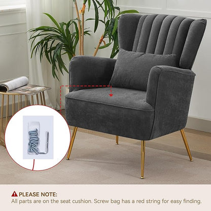 Fabric Accent Living Room Arm Chair Set of 2 Mid Century Modern Chairs with Pillow & Golden Legs, 8.5" Thick Cushion, Upholstered Comfy Sofa Armchair for Reading Room/Bedroom, Grey