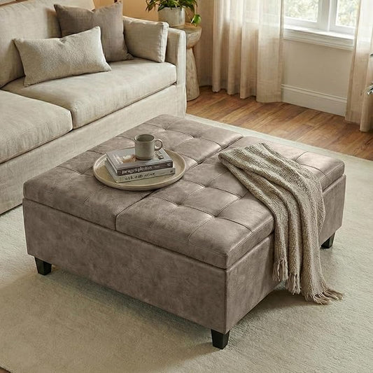 SIMPLIHOME Harrison Coffee Table Storage Ottoman - 36 inch Wide Upholstered Faux Leather Square Lift-Top Ottoman in Distressed Smoky Grey Brown, Transitional Ottoman for Living Room with Storage