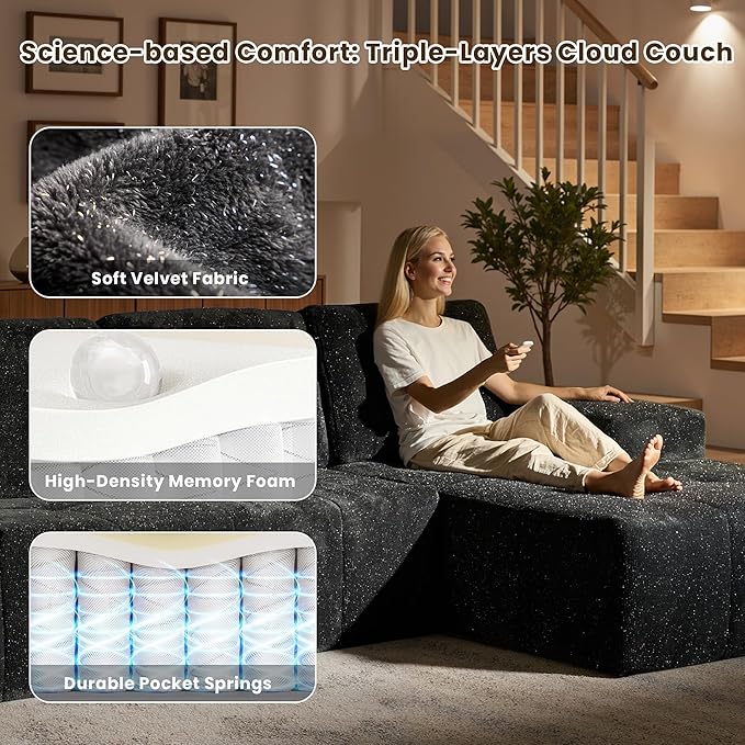 114" Glitter Cloud Sectional Couch with L-Shape Chaise, Modern Boneless Couches for Living Room, Fluffy Tufted Deep Seat Modular Sofa in a Box No Assembly