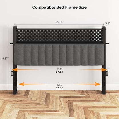 VINGLI Full Size Headboard Only, Adjustable Upholstered Headboard with 2 Tier Shelves and Pegboard with Charging Stations and LED Lights, Modern Bed Headboard with Storage for Bedroom Decor