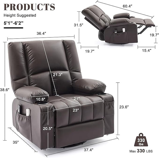 Swivel Rocker Chair with Heat and Massage, 270° Power Recliner Chairs for Adults, USB and Type-C Ports, Oversized Recliner Single Sofa, Electric Glider Chair(Darkbrown)