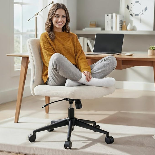 NYPOT Armless Desk Chair with Wheels for Criss Cross Sitting - Cross Legged Wide Armless Chair - Adjustable Vanity 360° Swivel Stool and 120° Rocking Wide Seat Comfy for Home and Office, White Sherpa