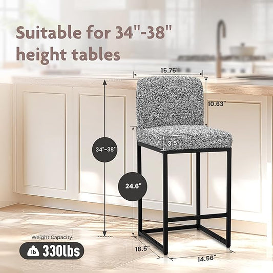 ALPHA HOME 24" Bar Stools Set of 4 Kitchen Counter Stools with Back, Counter Height Stools with Upholstered Footrest for Kitchen Island, Metal Steel Frame, Chenille, Gray
