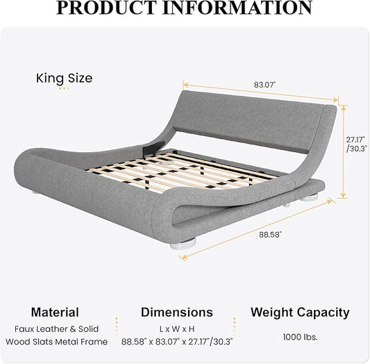 SHA CERLIN King Size Upholstered Bed Frame, Deluxe Low Profile Sleigh Bed with Linen Ergonomics Headboard, No Box Spring Needed & Easy Assembly, Grey