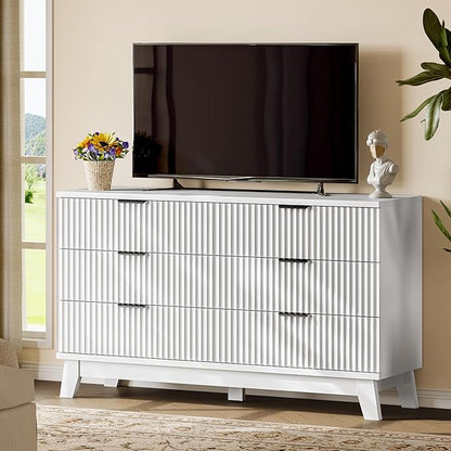 Fluted Dresser with 6 Drawers, 54" Wide Modern Chest of Drawers with Metal Handle, Wooden Dresser TV Stand, Wood Closet Clothes Storage Organizer for Bedroom, Living Room, Hallway, Solid White