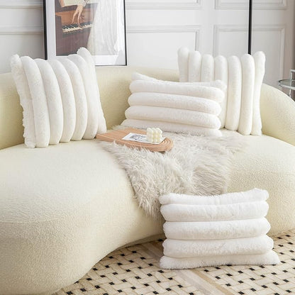 Neelvin Cream White Faux Fur Cozy Soft Striped Decorative Throw Pillow Covers 16x16 inch Set of 2,Velvet Pillowcase Cushion Case for Sofa Couch