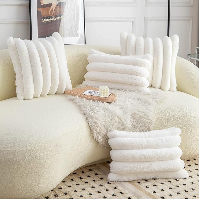 Neelvin Cream White Faux Fur Cozy Soft Striped Decorative Throw Pillow Covers 18x18 inch Set of 2,Velvet Pillowcase Cushion Case for Sofa Couch