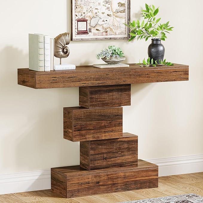 Tribesigns 42.5" Farmhouse Console Table, Narrow Wood Sofa Table Behind Couch with Geometric Base, Industrial Entryway Accent Table for Living Room, Hallway, Entrance (Rustic Brown)